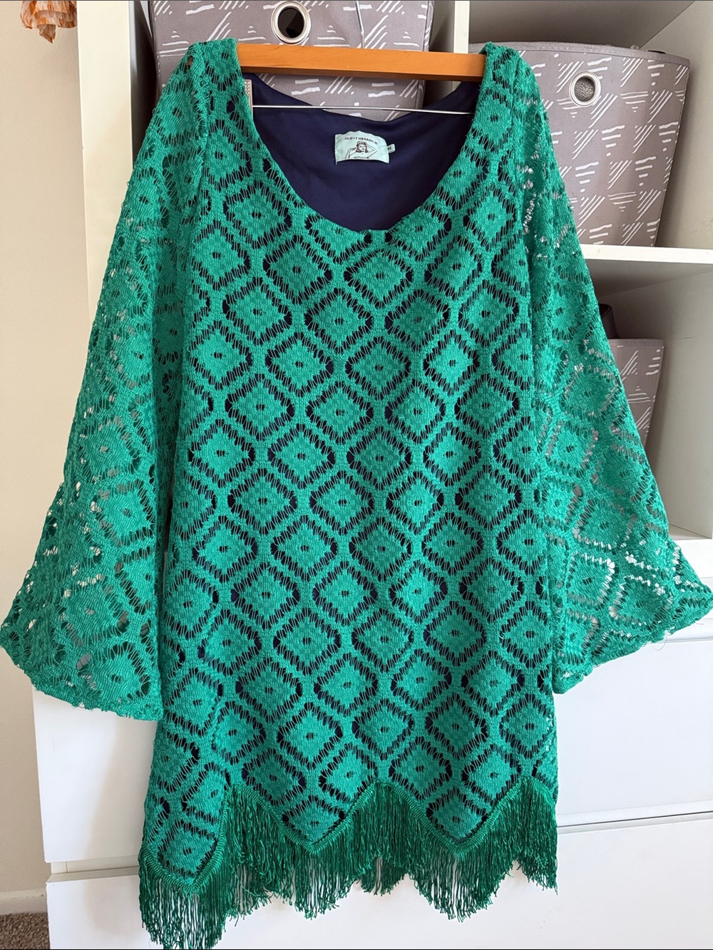 Judith March Teal Crochet Midi Dress with Fringe